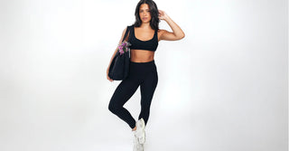Woman wearing non-toxic TENCEL leggings and sports bra